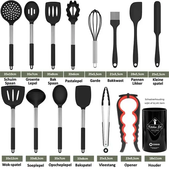 COOCK Keukengerei Set - 16-delige siliconen kookgerei met roestvrijstalen houder.